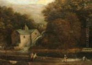 Follower Of Benjamin Barker Of
Bath -- Figures By A River With A Mill And Woodland Beyond by Benjamin Barker Of Bath
