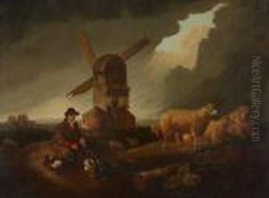 Shepherd And Flock By A Windmill by Benjamin Barker Of Bath