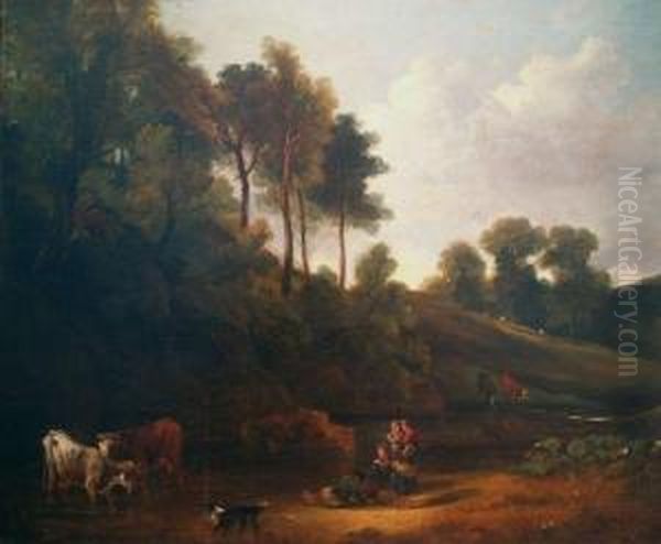 Country Children Watching Cattle Drinking At A Stream - view 1
