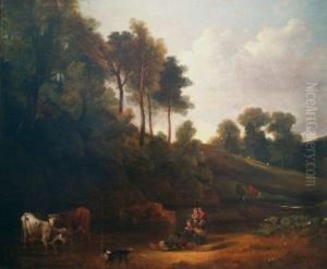 Country Children Watching Cattle Drinking At A Stream Country Children Watching Cattle Drinking At A Stream