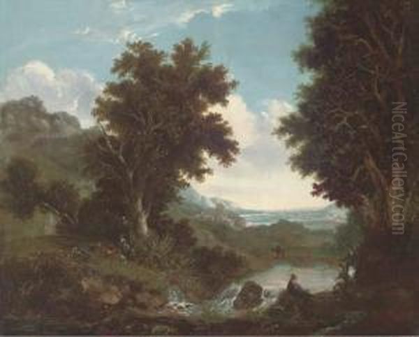 Figures By A Brook, An Extensive Landscape Beyond - view 1