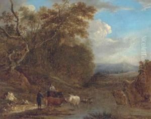 A Drover With Cattle Watering by Benjamin Barker Of Bath