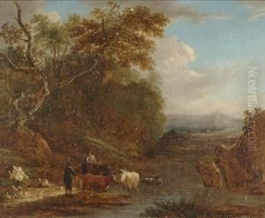 A Wooded Landscape With A Cowherd Watering His Livestock And Conversing With A Traveller