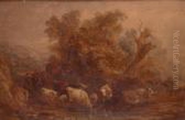 Cattle Watering At A Wooded Pool - view 1