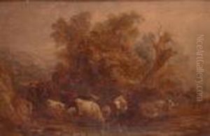 Cattle Watering At A Wooded Pool by Benjamin Barker Of Bath