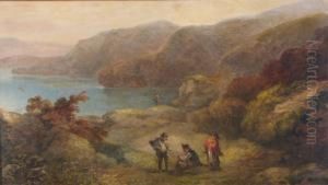 Figures On A Coastal Clifftop Path by John Joseph Barker Of Bath