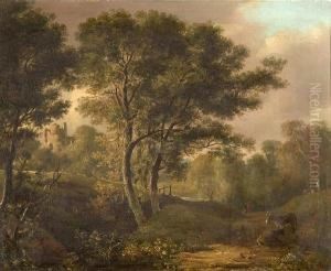 Wooded Landscape With Figures And Donkeys, Andcastle Ruins In Distance