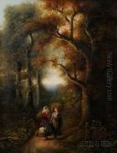 Figures On A Path Through The Woods. by John Joseph Barker Of Bath