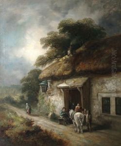 Figures Taking Refreshments 
Before An Inn; A Workman And A Horse Drawn Wagon Beside A Country Road