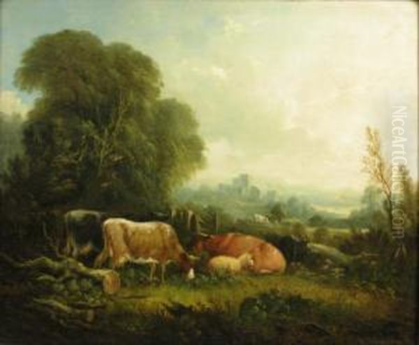 Cattle, Sheep And A Goat Grazing Near Castle Ruins - view 1