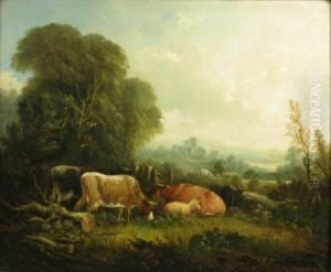 Cattle, Sheep And A Goat Grazing Near Castle Ruins by John Joseph Barker Of Bath