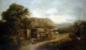 A Highland Croft, With Thatched Cottages,figures, Chickens And Hay Cart