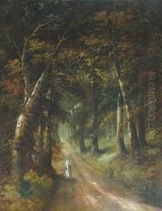 Woman Sketching On A Woodland Path by John Joseph Barker Of Bath