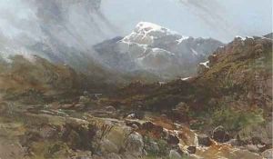 Mountainous landscape with rocky stream by Charles Branwhite