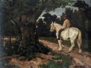 Man On A Grey Horse On A Woodland Path by Wright Barker