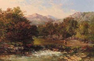 An angler in a wooded river landscape by Charles Branwhite