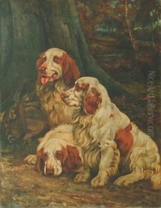 Three Clumber Spaniels Resting In A Woodland Landscape by Wright Barker