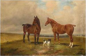 A Bay And Chestnut Hunter With A Terrier by Wright Barker