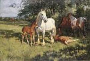 Mares And Foals In A Landscape by Wright Barker