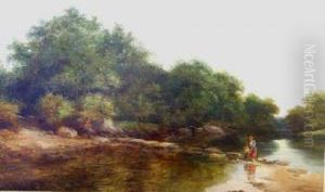 A Rural Riverside Landscapewith Figures Crossing A Stone Bridge by Adam Barland