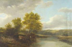 "on The Thames Near Streatley", 
Summer Landscape With Cattle Watering In The Foreground, Figures In A 
Punt Nearby And Hills Beyond Signed, Inscribed With The Artist's Name 
And His Exhibition Dates , Also Inscribed With The Title And The Date 
"1887 by Adam Barland