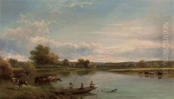 Figures In A Punt, With Cattle Watering - view 1
