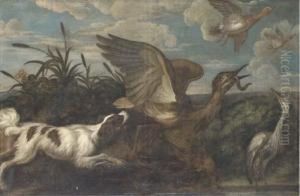 A Spaniel Chasing A Bittern, With A Heron And Duck, In Alandscape by Francis Barlow