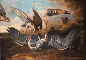 A Grey Heron Attacked By Gosshawks With A Hoopoe Flying Off by Francis Barlow