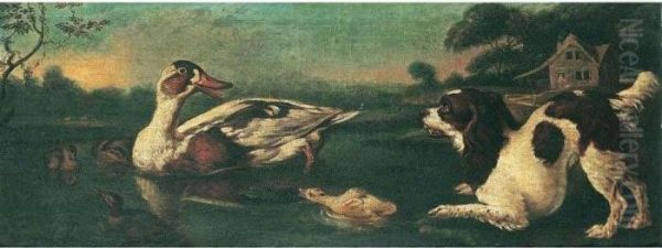 A Spaniel With A Duck And Ducklings - view 1