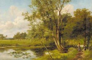 Figures by a pond, near Worcester
