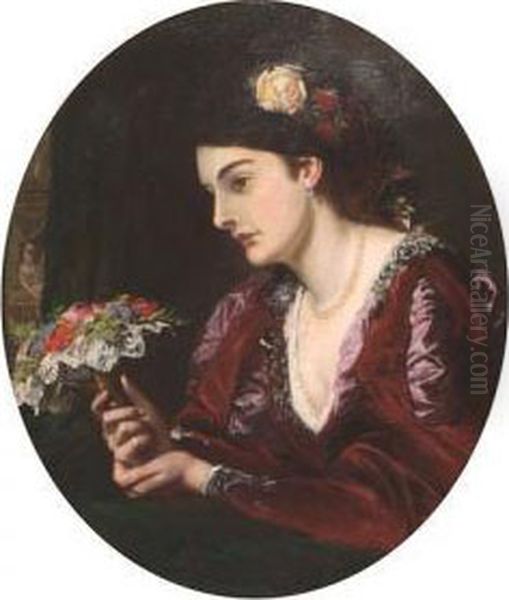 An Oval Half Length Portrait Of A Lady At The Theatre Holding Aposy Of Flowers - view 1