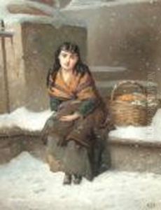 Portrait Of A Woman Seated Full-length With A Basket Of Flowers On A Winter's Day