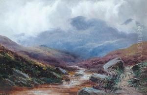 Sheep In A Highland Landscape; A River Landscape With Mountains Beyond by Samuel John Barnes