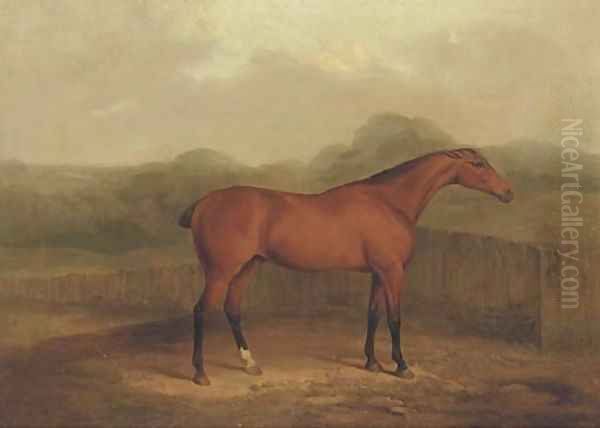 A chestnut racehorse in a landscape - view 1