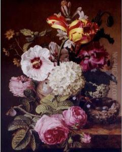 Still Life Of Flowers In A Vase And A Bird's Nest Resting On A Marble Ledge