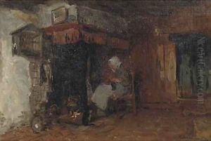 Knitting by the fire by Bernardus Johannes Blommers