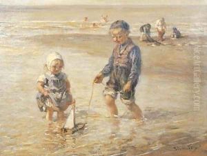 Playing in the surf by Bernardus Johannes Blommers
