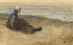 A fisherwoman in the dunes looking out over sea by Bernardus Johannes Blommers