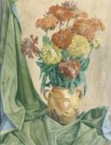 Prachtvolles Stillleben Mit Astern In Einer Gelben Vase. by Aime Barraud