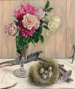 Nature Morte Au Bouquet De Roses Et Au Nid D'oiseau.