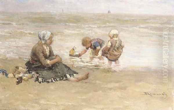 Pootje baden children playing on the beach by Bernardus Johannes Blommers