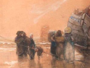 Marketwomen waiting for the unloading of the catch, Katwijk by Bernardus Johannes Blommers