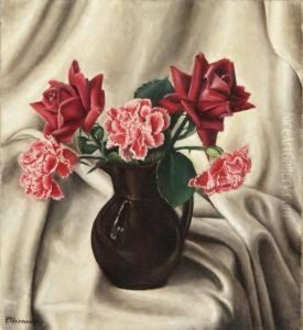 Blumen Stillleben Mit Roten Rosen Und Nelken by Francois Emile Barraud