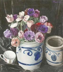 Stillleben Mit Anemonen Und Steinguttopfen.