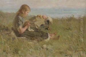 Watching the little sister sleep by Bernardus Johannes Blommers