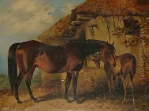 A Bay Mare With A Foal Before A Stable by Henry Barraud