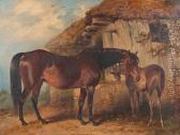 A Mare And Foal Outside A Barn - view 1