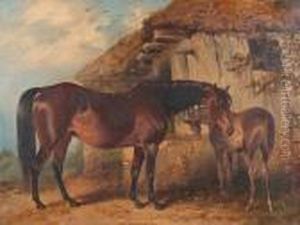 A Mare And Foal Outside A Barn