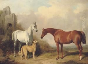 Two Hunters And A Deerhound, In A Landscape With Ruins