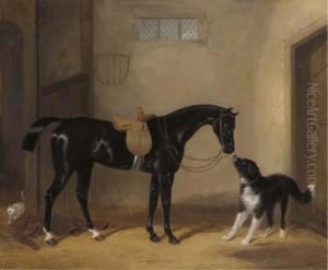 Portrait Of A Saddle Black Hunter With A Sheep Dog In Astable by William Barraud
